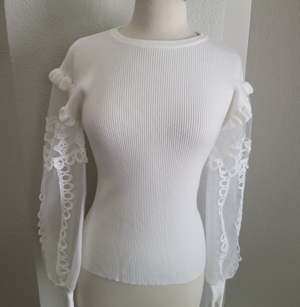 Siani Milano White Ribbed Knit Top with Lace Sheer Long Sleeves